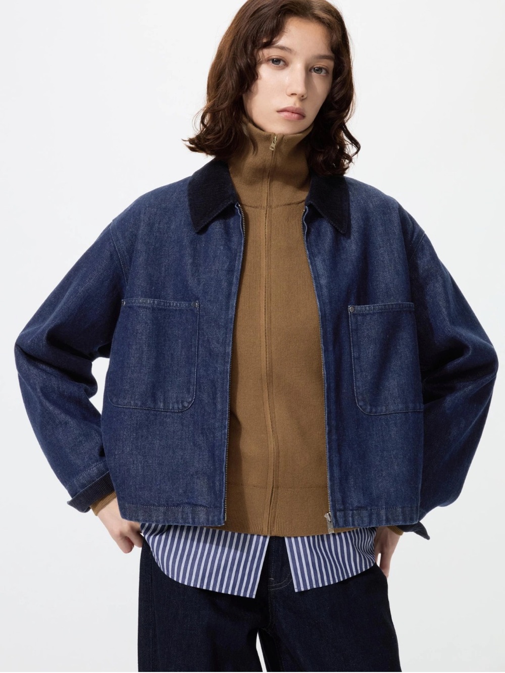 Uniqlo zip-up short jacket in navy/rinse/dark denim - new with tags